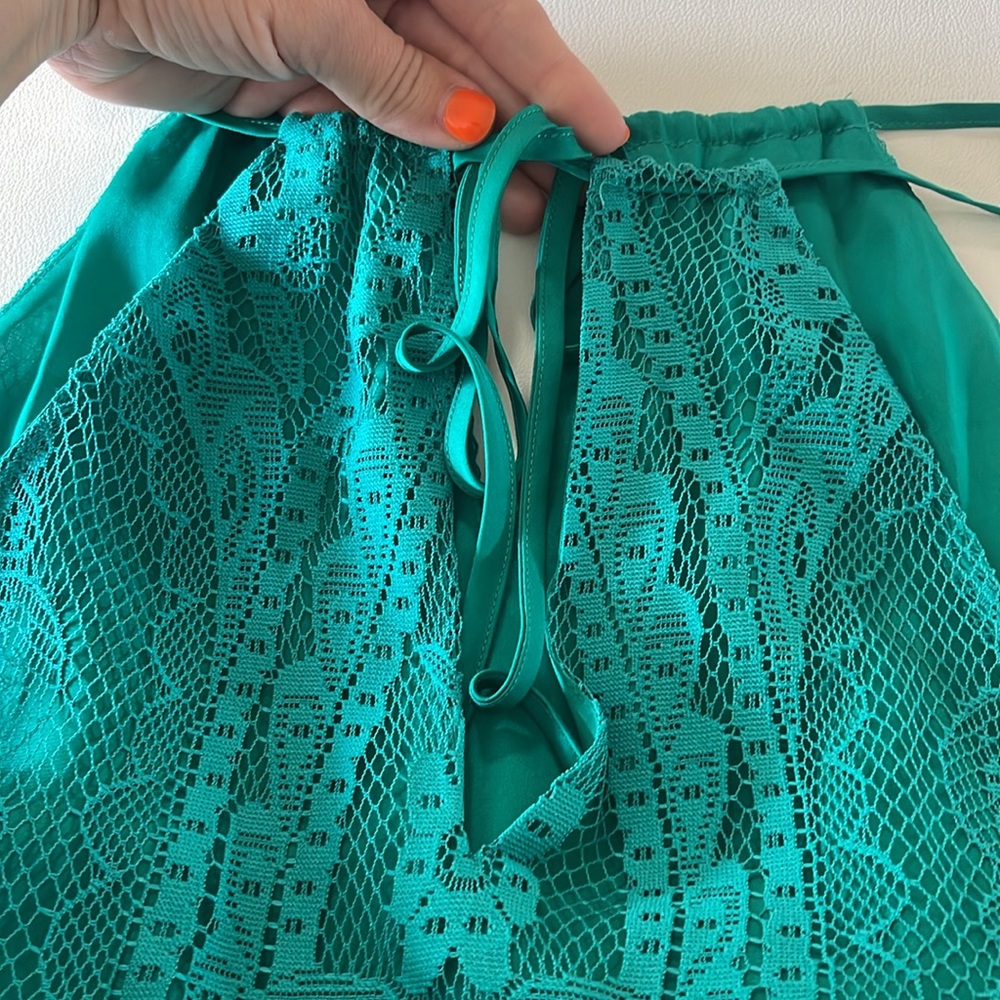 Gianni Bini Teal Green Lace Sleeveless Dress with Fringe Hem Women's Size Large - Picture 7 of 10